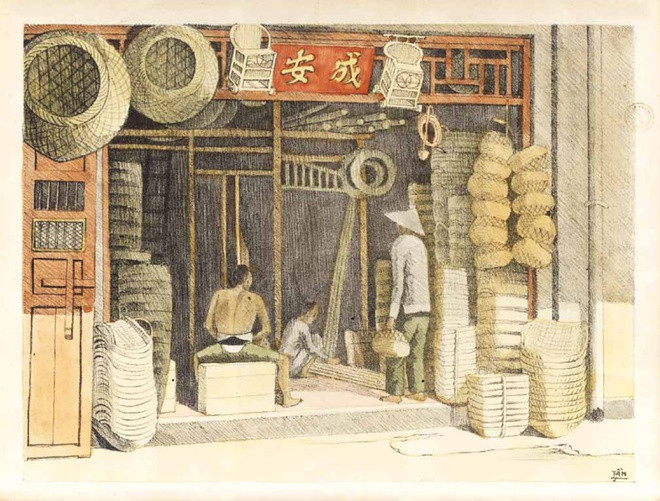 br/> Bức ký họa vẽ một tiệm bán đồ mây tre đan.