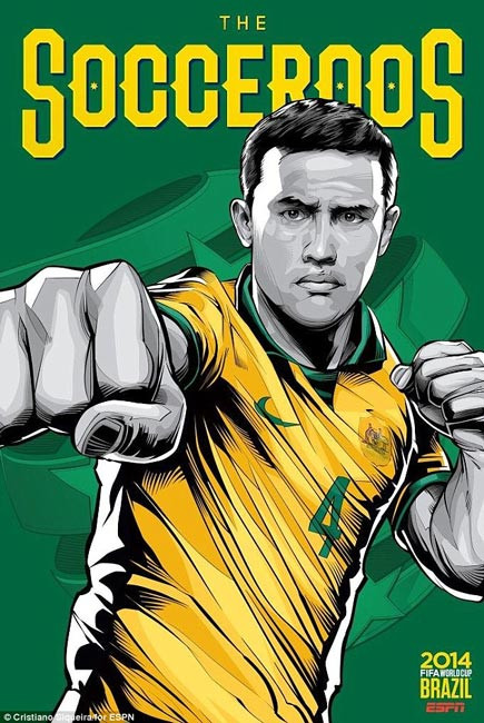 Người hâm mộ dễ dàng nhận ra Tim Cahill, cầu thủ kỳ cựu của tuyển Australia và CLB Everton. Anh được chọn làm đại diện cho những "Chú chuột túi" trên tấm poster của Cristiano Siqueira