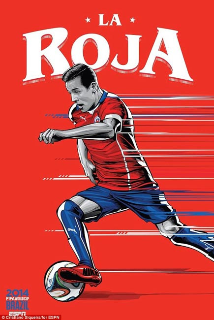 Trong số các cầu thủ tuyển Chile, Alexis Sanchez xứng đáng là người nổi bật nhất và được kỳ vọng nhất. Chàng tiền đạo của Barcelona xuất hiện với hình ảnh đi bóng tốc độ trên poster của tuyển Chile.