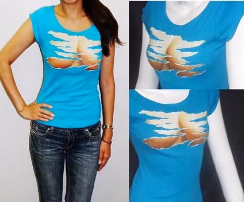 Kiểu dáng áo cho nữ giữ nguyên thiết kế cổ tròn áo pool truyền thống, chất liệu cotton và điểm nhấn nằm ở phần hình in trước ngực. Hình in 3D, tạo ảo giác cho cảm tưởng như chiếc áo bị rách phần ngực.