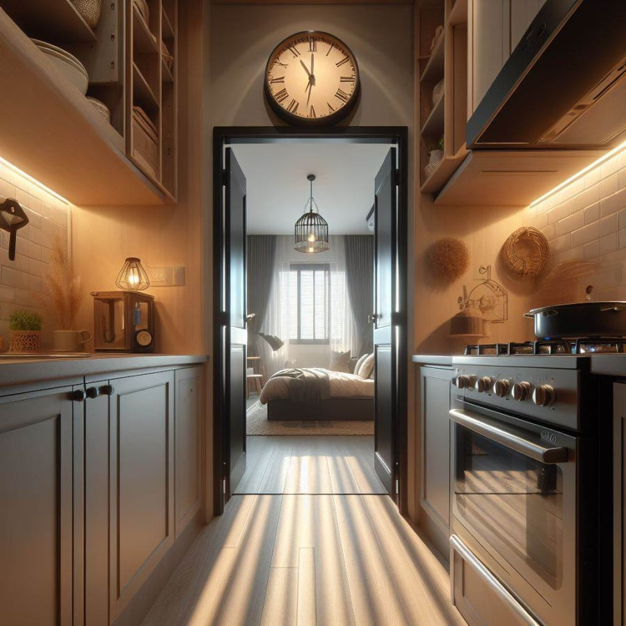 Kị bếp đối diện cửa phòng ngủ: Bếp đối diện cửa phòng ngủ gây cảm giác bức bối. Cách giải quyết: Đóng cửa phòng ngủ để hạn chế.