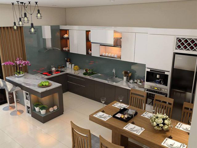 Với những gia đình yêu thích sự sang trọng, hiện đại thì mẫu nhà bếp này là một sự gợi ý đáng lưu tâm