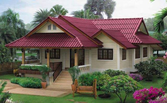 Mẫu nhà này cũng sử dụng mái thái màu đỏ tạo sự nổi bật. Ưu điểm của mẫu nhà này là thoáng mát, tạo cảm giác thoải mái cho gia chủ. Mẫu nhà cấp 4 đơn giản