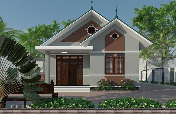 Mẫu nhà này trông có phần cổ điển hơn với tông màu trầm và họa tiết nổi bật gần mái nhà thể hiện sự tinh tế của gia chủ trong thiết kế. Theo phong thủy, lỗ tròn nhỏ ở gần mái nhà sẽ trấn giữ bình yên cho ngôi nhà, giúp đem lại may mắn cho gia chủ. Mẫu nhà cấp 4 mang phong cách hiện đại châu Âu