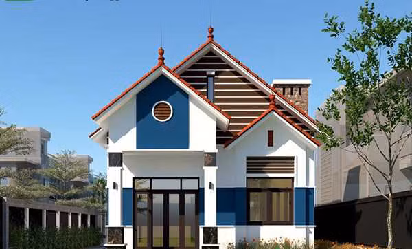 Mẫu nhà này là sự kết hợp hài hòa giữa gam màu trắng và xanh đậm. Đi kèm là mái Thái màu đỏ nổi bật. Thiết kế ống khóa càng làm tăng lên tính cổ điển và độc đáo của ngôi nhà giúp cho nó mang đậm chất châu Âu. Mẫu nhà cấp 4 mái đỏ