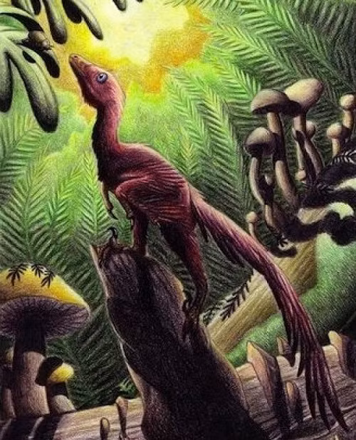 Con Jinfengopteryx elegans đậu trên một khúc gỗ, mắt nhìn mồi một cách thèm khát.