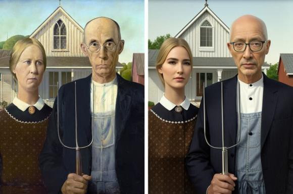 br/> Với sự hỗ trợ của công nghệ, cùng thử xem một số khuôn mặt nổi tiếng trong tranh sẽ trông như thế nào khi là người thật trong thời đại ngày nay. Ảnh: American Gothic và phiên bản người thật nhờ sự hỗ trợ của công nghệ Al.