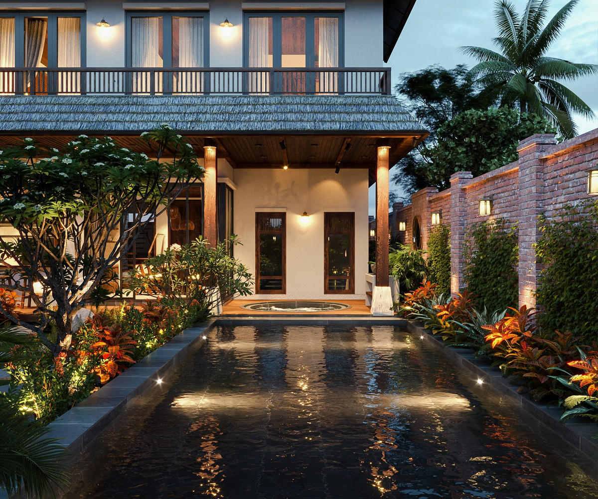 Nét duyên dáng, mộc mạc từ những vật liệu thô mộc, gần gũi, lịch sử và chiều sâu từ gỗ, đá, đồng hay lá cọ, rơm rạ tự nhiên là một điểm nhấn của công trình này.