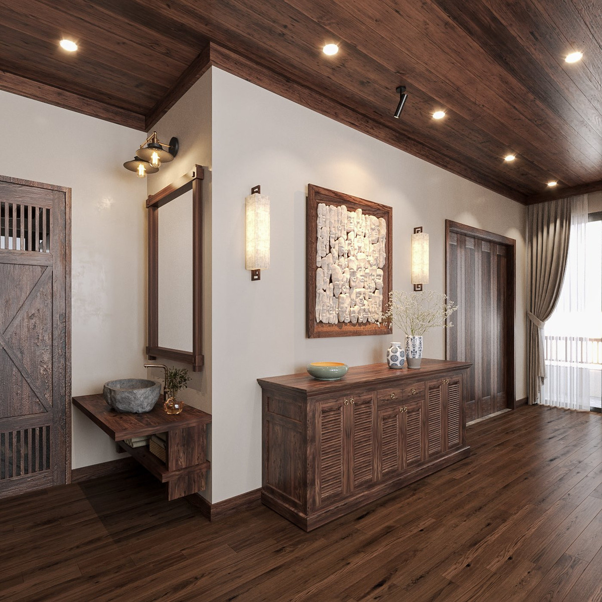 Điểm nhấn bằng gỗ, đá và những món đồ nội thất truyền thống mang đến nét duyên dáng, mộc mạc. Hài hòa với khung cảnh thiên nhiên gần gũi không thể thiếu đi hình ảnh của những vật liệu tự nhiên, thô mộc.