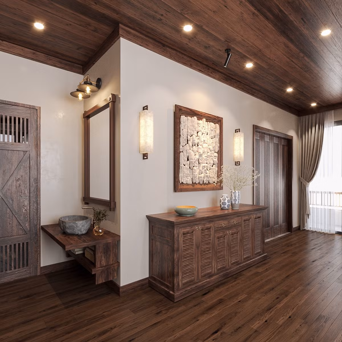 Điểm nhấn bằng gỗ, đá và những món đồ nội thất truyền thống mang đến nét duyên dáng, mộc mạc. Hài hòa với khung cảnh thiên nhiên gần gũi không thể thiếu đi hình ảnh của những vật liệu tự nhiên, thô mộc.