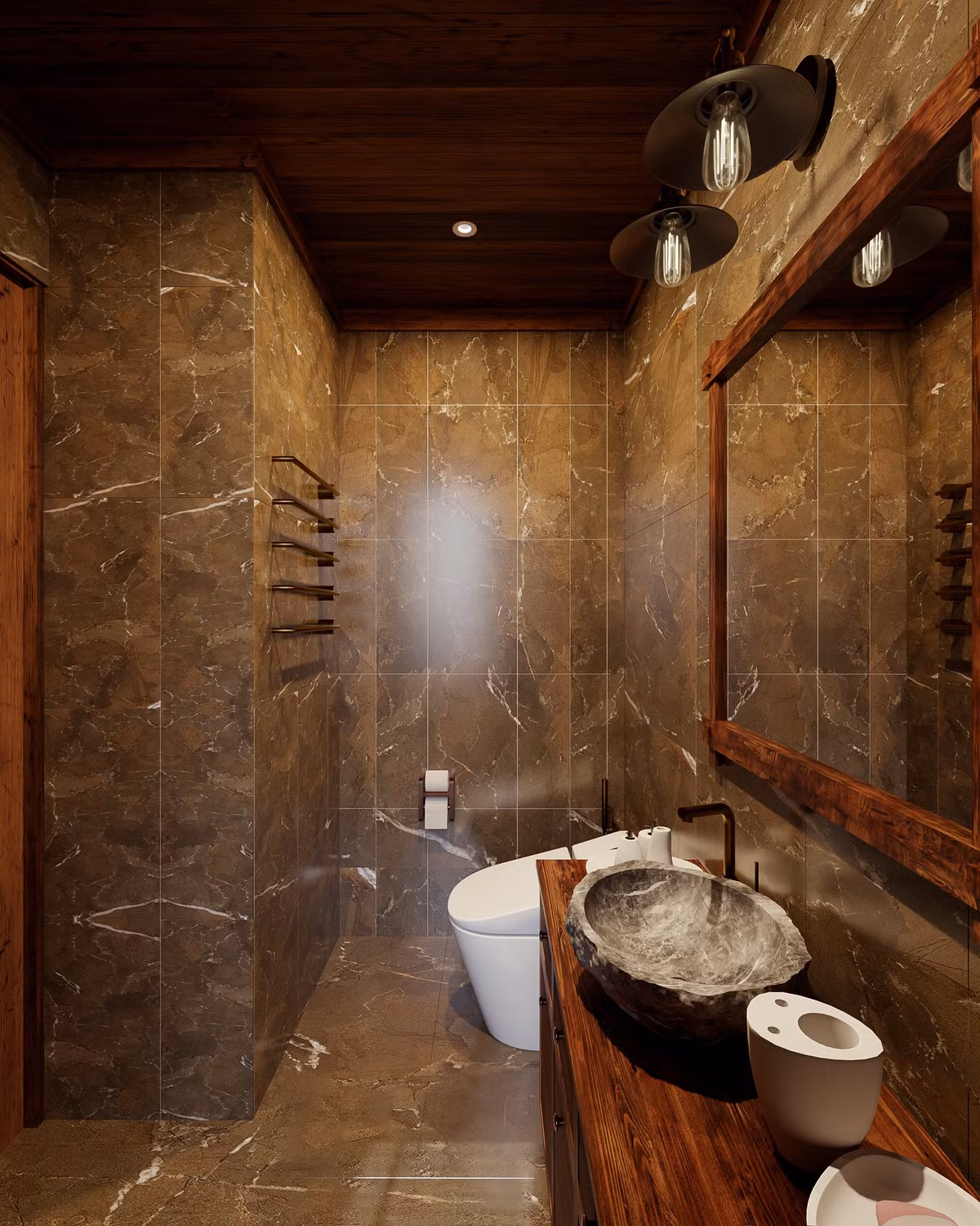 Toàn bộ công trình được phủ đầy bởi các món đồ nội thất độc đáo từ gỗ và đá, đem lại những cảm nhận mộc mạc, yên bình. 