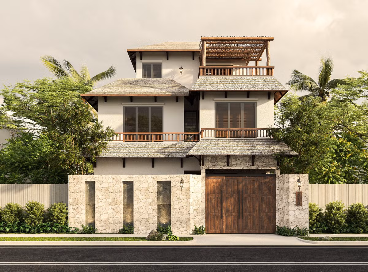  Biệt thự xây trên diện tích đất 300m2 với công năng tầng 1: Gara, phòng khách, bếp, bàn ăn, bể bơi, sân vườn, bể sục, xông hơi đá Himalaya, xông hơi nước. Tầng 2: 1 phòng ngủ master, 3 phòng ngủ thường. Tầng 3: Khu thiền, phòng giặt, kho, sân phơi.