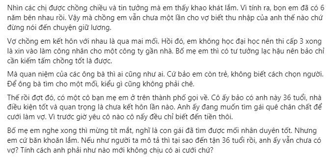 Ket hon 6 nam nhung chua mot lan chong dua luong cho vo cam