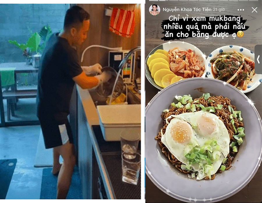 Cặp đôi thường chia sẻ với nhau việc nhà. Nếu như Tóc Tiên trổ tài nấu nướng nhiều món ăn từ Âu đến Á, Hoàng Touliver không ngại vào bếp rửa chén, dọn dẹp giúp vợ.