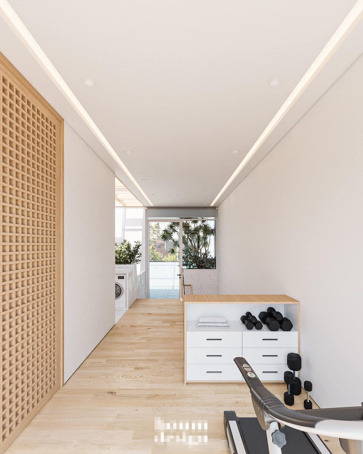 Phòng gym và phòng thờ nằm cùng với khu giặt sấy, ngăn cách bằng bức vách thông gió nhằm đảm bảo sự kín đáo, yên tĩnh cho phòng thờ.