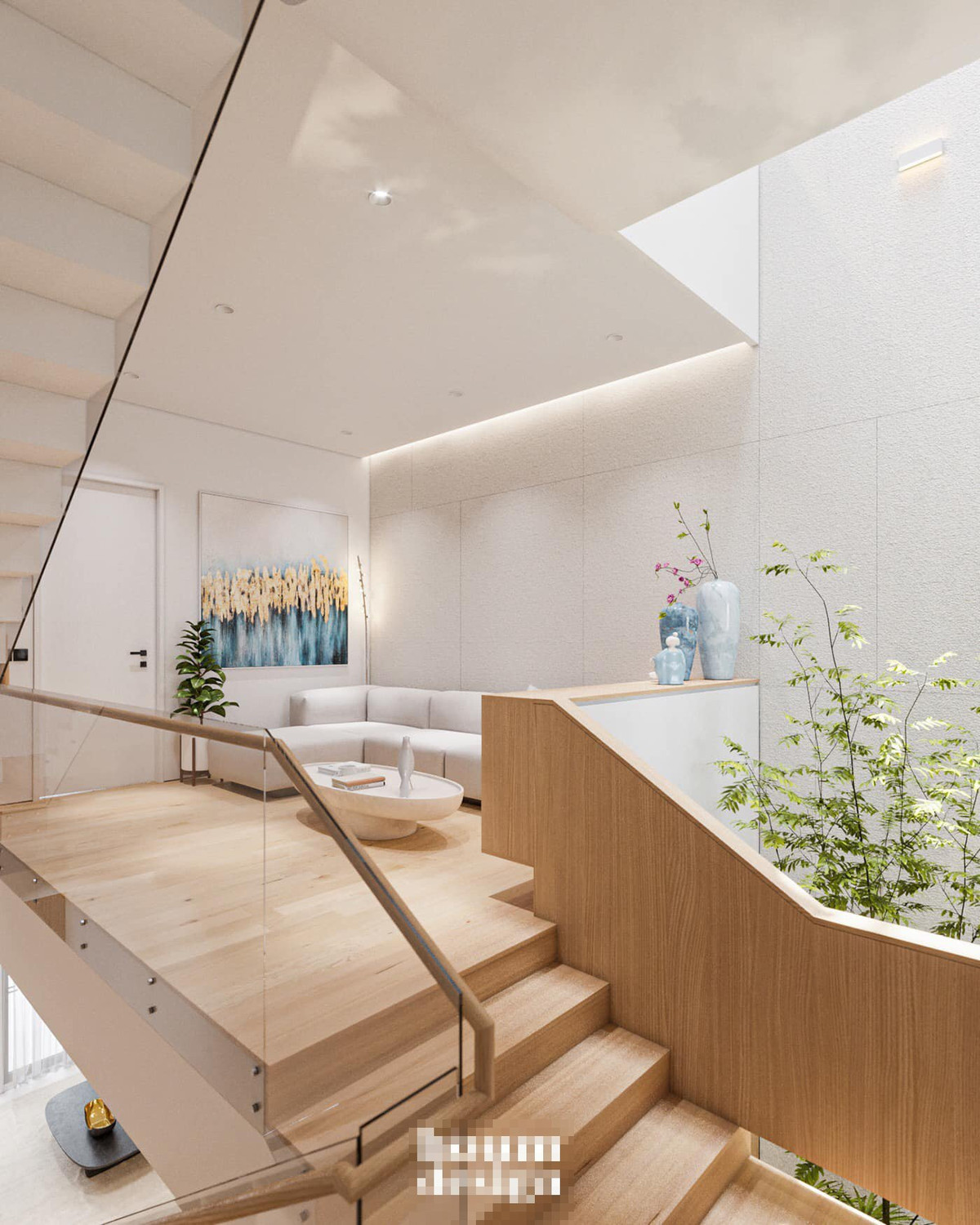 Phần tầng 4 được bố trí khu giặt sấy. Khung sắt dưới giếng trời vừa đảm bảo an toàn, chống trộm, lại tạo ra vẻ đẹp thẩm mỹ khi có bóng nắng hắt xuống.