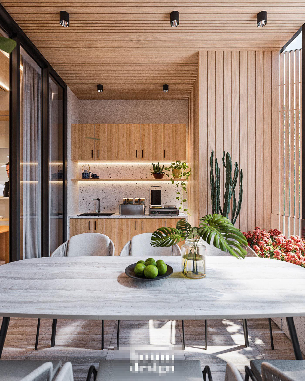 Ban công tầng 3, nằm trong khu vực phòng giải trí tạo thành khu liên hoàn ăn uống, tiệc nướng BBQ mini. Ở đây còn có thêm một bếp nhỏ, phục vụ cho những bữa tiệc.