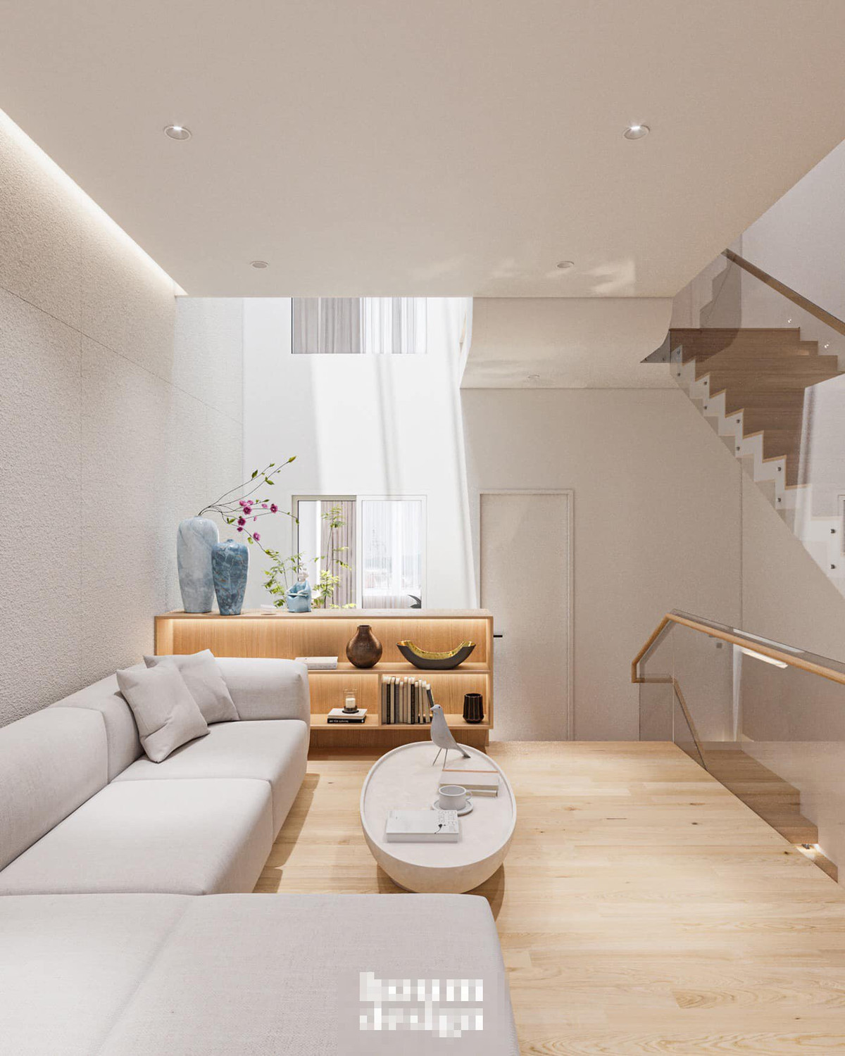 Sảnh tiếp nối dẫn lên các tầng được kiến trúc sư tận dụng làm phòng chờ, phòng học tập. Tất cả đều hướng về khu giếng trời mát mẻ, chan hòa ánh sáng.