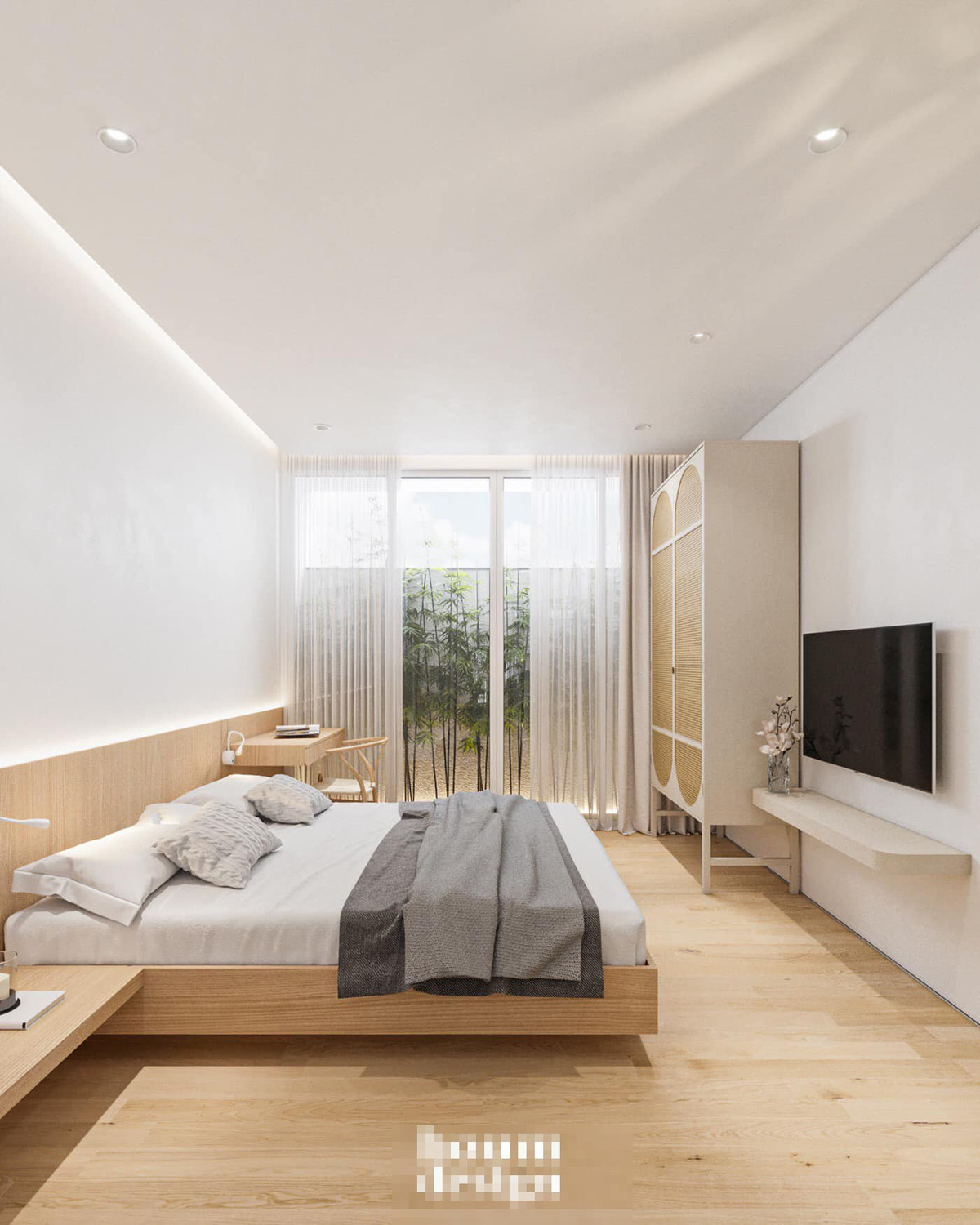 Phòng ngủ cho người lớn tuổi ở tầng 1, trước và sau đều có khoảng hút gió, thoáng đãng.