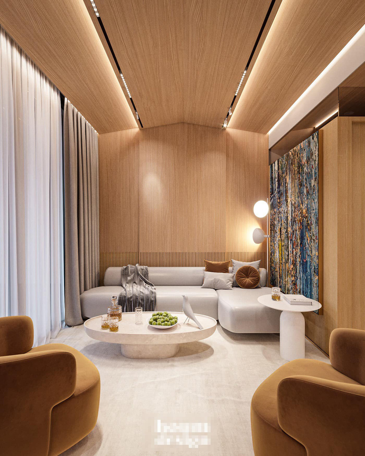 Phòng giải trí với trần nhà lắp đèn ray, âm thanh vòm, tạo cảm giác như xem trong rạp chiếu phim.