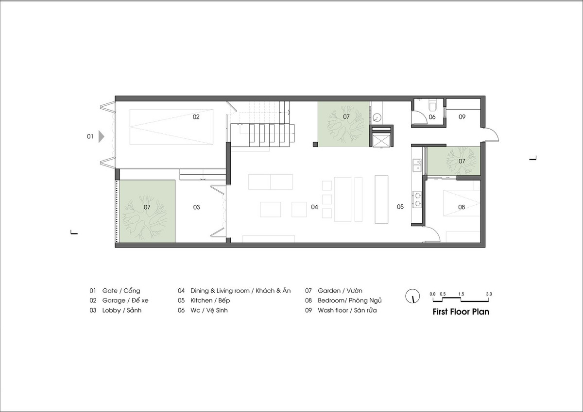 Nhà thiết kế đề xuất giảm diện tích xây dựng để tạo ra nhiều không gian hơn. Từ đây, căn nhà có nhiều vườn và không gian trống, tối đa hóa sự gắn kết giữa các thành viên sống bên trong. Căn nhà linh hoạt, rộng mở và đa dạng, với nhiều không gian mở và thoáng khí.