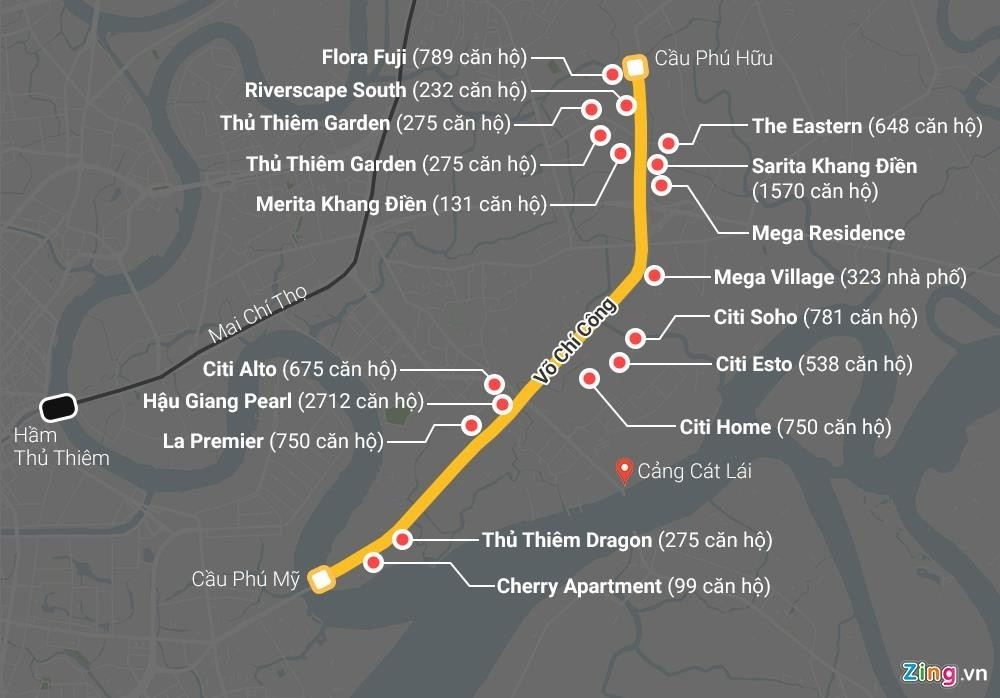Theo thống kê của Zing, tổng cộng có hơn 10.000 nghìn căn hộ, nhà phố nằm dọc theo tuyến đường Vành đai 2 dài khoảng 10 km đoạn từ cầu Phú Mỹ đến Cầu Phú Hữu, TP Thủ Đức.