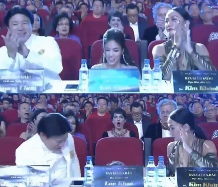 an Khuê "lọt ghế" khi chấm thi hoa hậu. Sự cố của chân dài khiến dân mạng vừa thấy thương, vừa buồn cười.