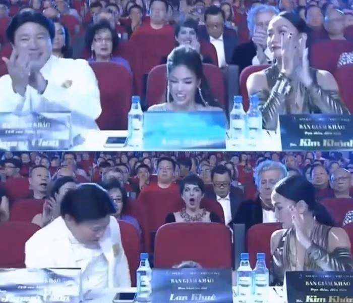 Lan Khuê "lọt ghế" khi chấm thi hoa hậu. Sự cố của chân dài khiến dân mạng vừa thấy thương, vừa buồn cười.