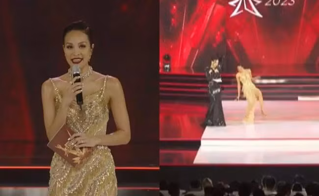 Trước Quỳnh Anh Shyn, nhiều sao Việt cũng từng khiến khán giả "thót tim" khi gặp sự cố. Trong ảnh là khoảnh khắc MC Phương Mai vấp váy trên sân khấu chung kết Miss Charm 2023. Bằng sự chuyên nghiệp, người đẹp nhanh chóng lấy lại tinh thần và tiếp tục tự tin dẫn chương trình.