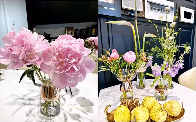 Nhìn những bông hoa mẫu đơn nở bung xòe đầy nên thơ, giọng ca cátính cũng phải thốt lên: "Đẹp nao lòng". Có thể thấy cô ưa cắmnhững loài hoa mang ý nghĩa an yên.