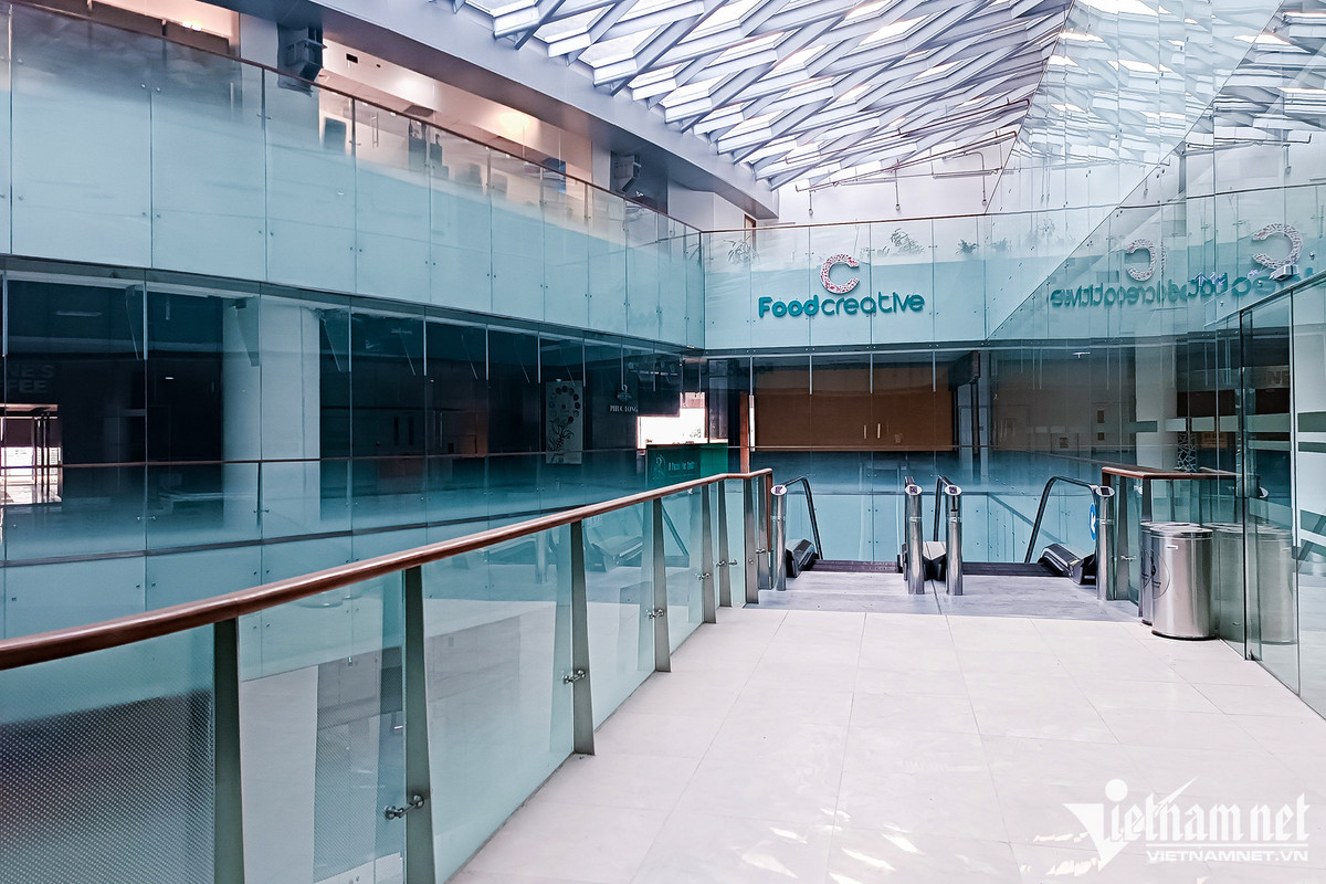 Từ tầng 3 đến tầng 6 dừng hoạt động toàn bộ, bụi đã phủ trên các vách kính và sàn nhà.