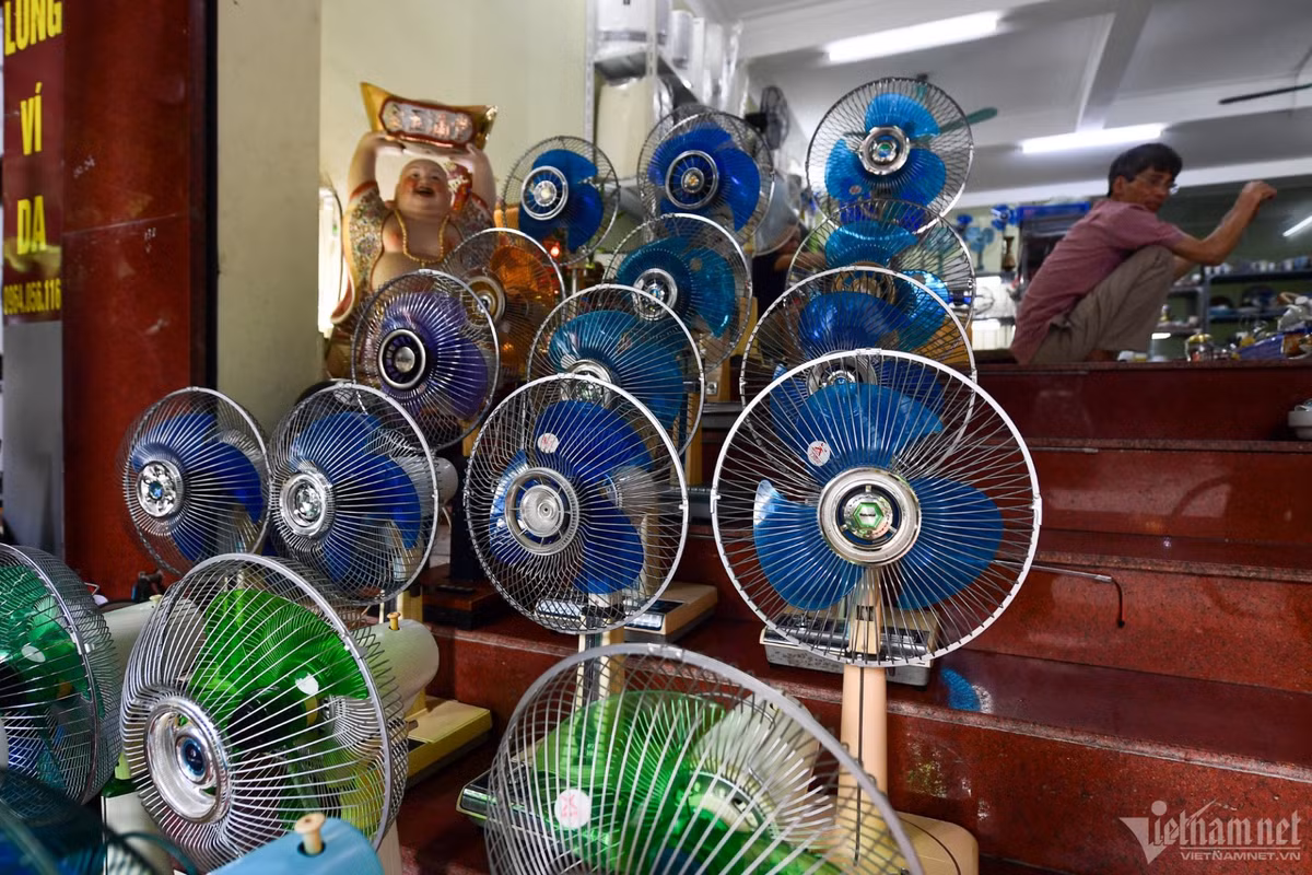 Quạt điện nhiều thương hiệu Toshiba, National, Sanyo,... được các tiểu thương nhập về Việt Nam bày bán cho người có chung đam mê đồ xưa giao lưu. "Khi nhận được hàng chúng tôi phải lau chùi, bảo dưỡng lại một số chỗ thiếu linh kiện. Sau khi làm đẹp có thể bán với giá 2 triệu - 4 triệu đồng/cái", người đàn ông trong ảnh nói.