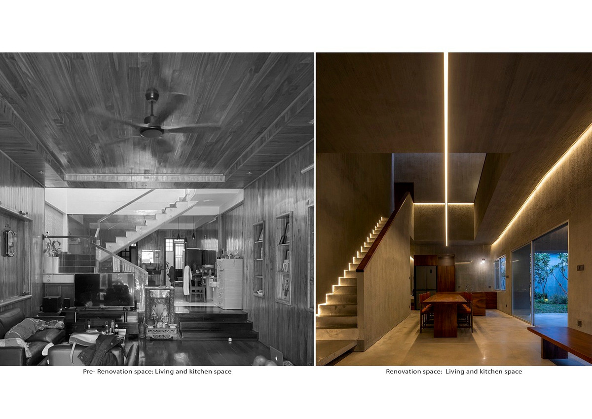 Sau khi mua mảnh đất liền kề, có diện tích như nhà cũ, gia chủ đã cải tạo thành không gian sinh hoạt cho gia đình 5 thành viên gồm vợ chồng và 3 con nhỏ. Gia chủ luôn mong muốn duy trì lối sống gia đình truyền thống, quây quần bên nhau và dành thời gian cho nhau nhiều nhất có thể. Do đó, nhóm kiến trúc sư lên ý tưởng tạo ra một ngôi nhà có hình ảnh, không gian, vật liệu, không khí... mang màu sắc xưa cũ, “nhuốm màu” theo thời gian.