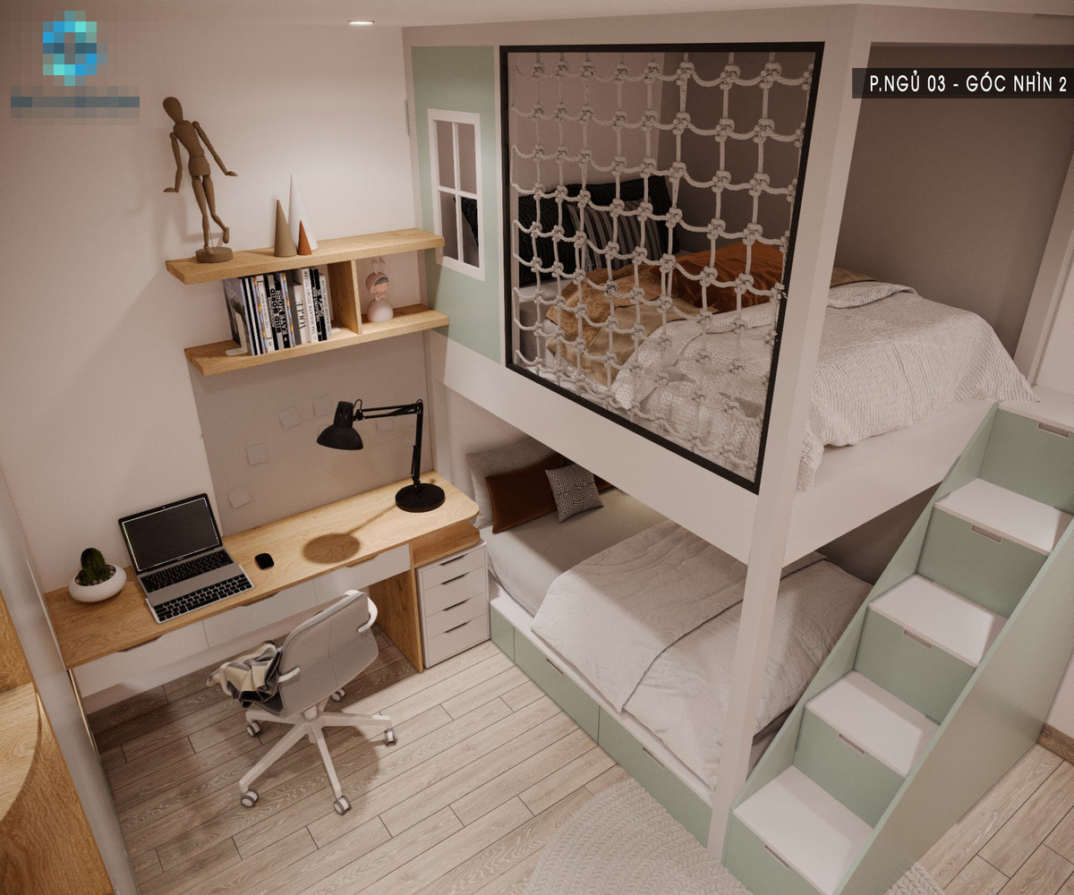 Phòng ngủ cho các con với hệ giường tầng cá tính.