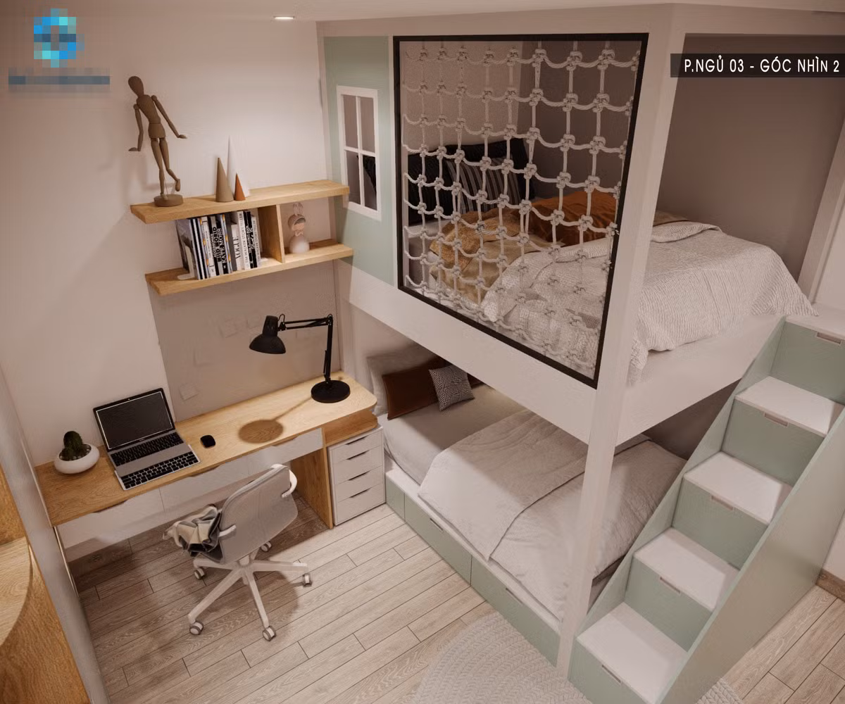 Phòng ngủ cho các con với hệ giường tầng cá tính.