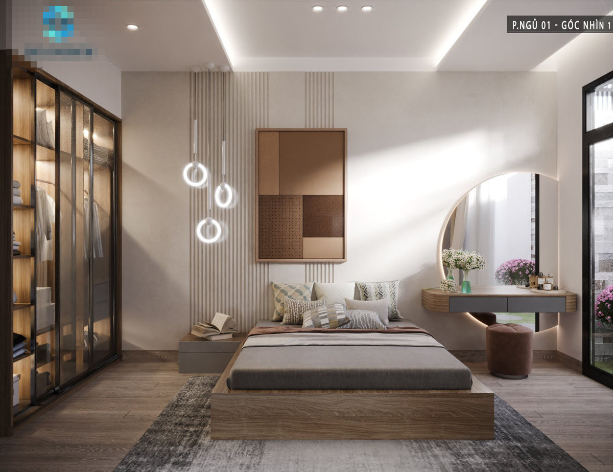 Ánh sáng tự nhiên kết hợp ánh sáng đèn điện để tạo nên không gian nghỉ ngơi dễ chịu, an yên. Riêng phòng ngủ phụ gia chủ không dùng tivi mà dùng màn hình và máy chiếu. Khi cần, gia chủ hạ màn chiếu xuống là có góc thư giãn, giải trí.