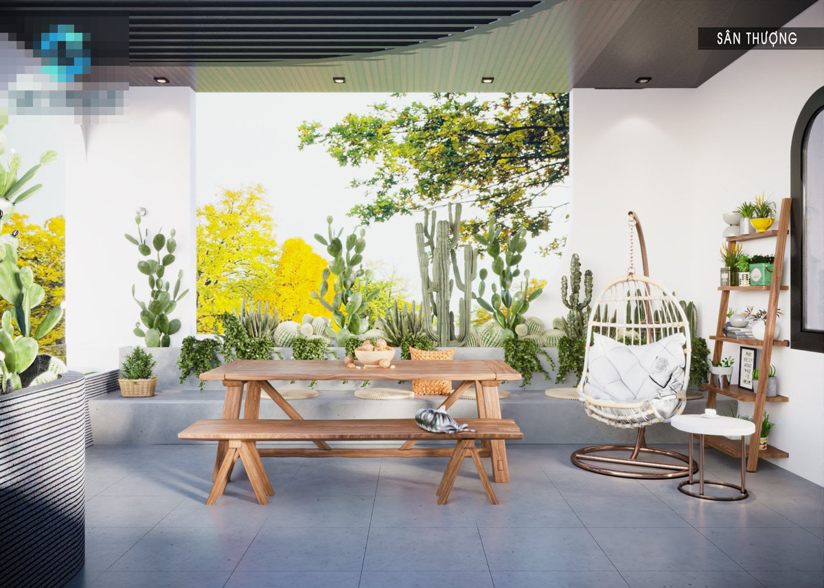 Vườn treo trên sân thượng kết hợp góc đọc sách.