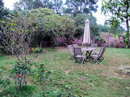 Bên ngoài là không gian tối ưu dành cho thiên nhiên với thảm cỏ xanh, vườn cây trái, ao cá, thảm hoa rực rỡ… Ảnh: HNMO.