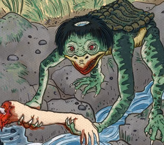 Theo quan niệm của người Nhật, Kappa thường lôi người xuống nước ăn gan của họ, nhưng đôi khi cũng giúp người. Vào các năm 1984 và 1991, các nhân chứng khẳng định đã đối mặt với Kappa. Một số dấu vết sinh vật này để lại là dấu chân hình tam giác, những chất nhầy dính lại ở hiện trường.