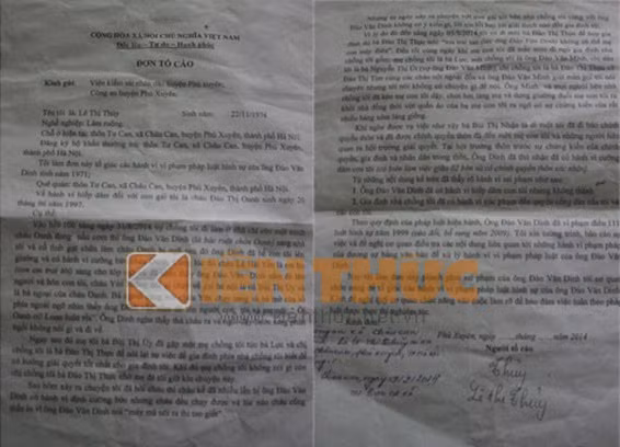Đơn tố cáo của gia đình chị Thủy.