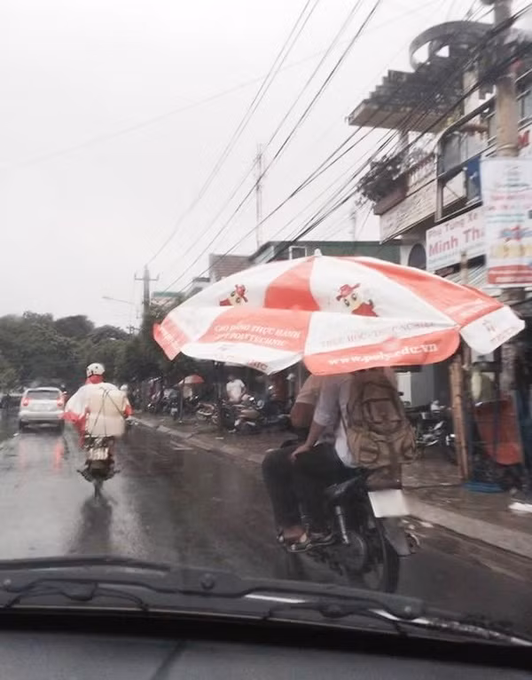 Đội ô to như thế này thì không sợ ướt mưa... nhưng gây nguy hiểm khi tham gia giao thông.