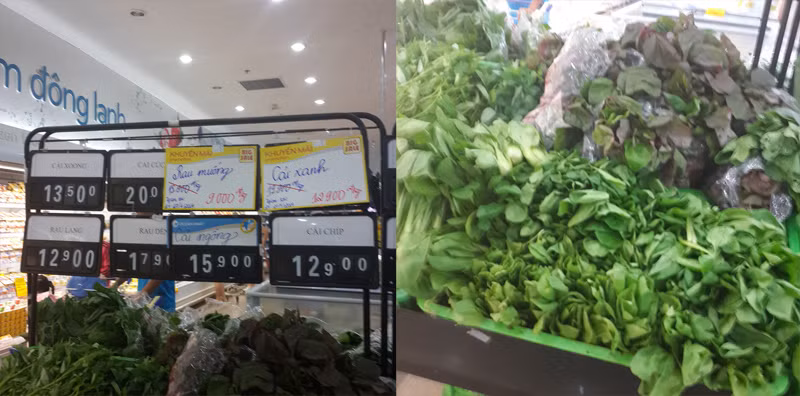 Nhiều loại rau được bán tại siêu thị Ocean Mart Làng Quốc tế Thăng Long chỉ ghi biển giá và không ghi rõ nguồn gốc, xuất xứ. Ảnh chụp ngày 25/4/2014.