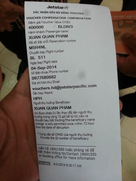 Voucher đền bù của Jetstar.