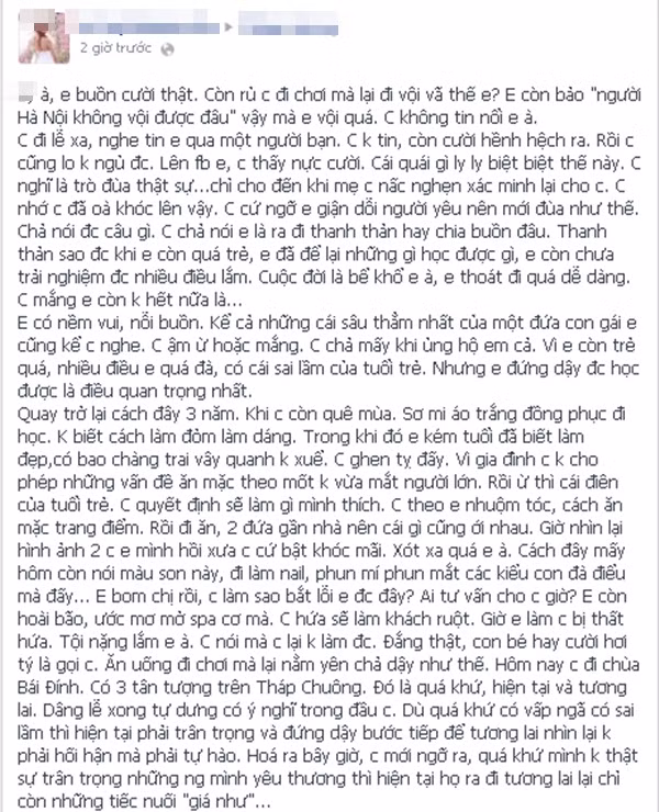 Dòng status buồn của một người chị gửi đến Facebook của L, mong L được yên nghỉ chốn bình an.