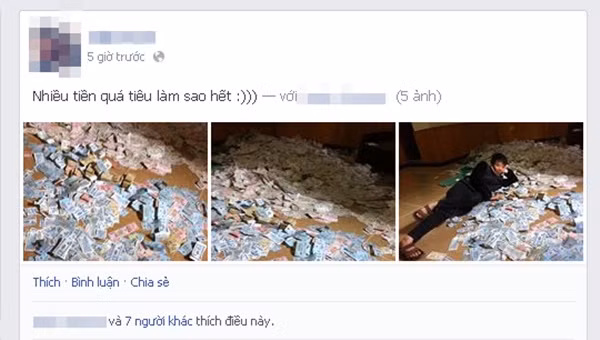 Nam thanh niên đăng tải đoạn status, cùng với những hình ảnh "tự sướng" bên tiền gây phản cảm.