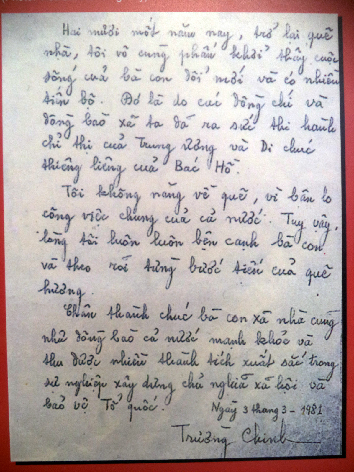 Bút tích lời căn dặn bà con quê hương của đồng chí Trường Chinh trong dịp về thăm quê, ngày 3/3/1981.