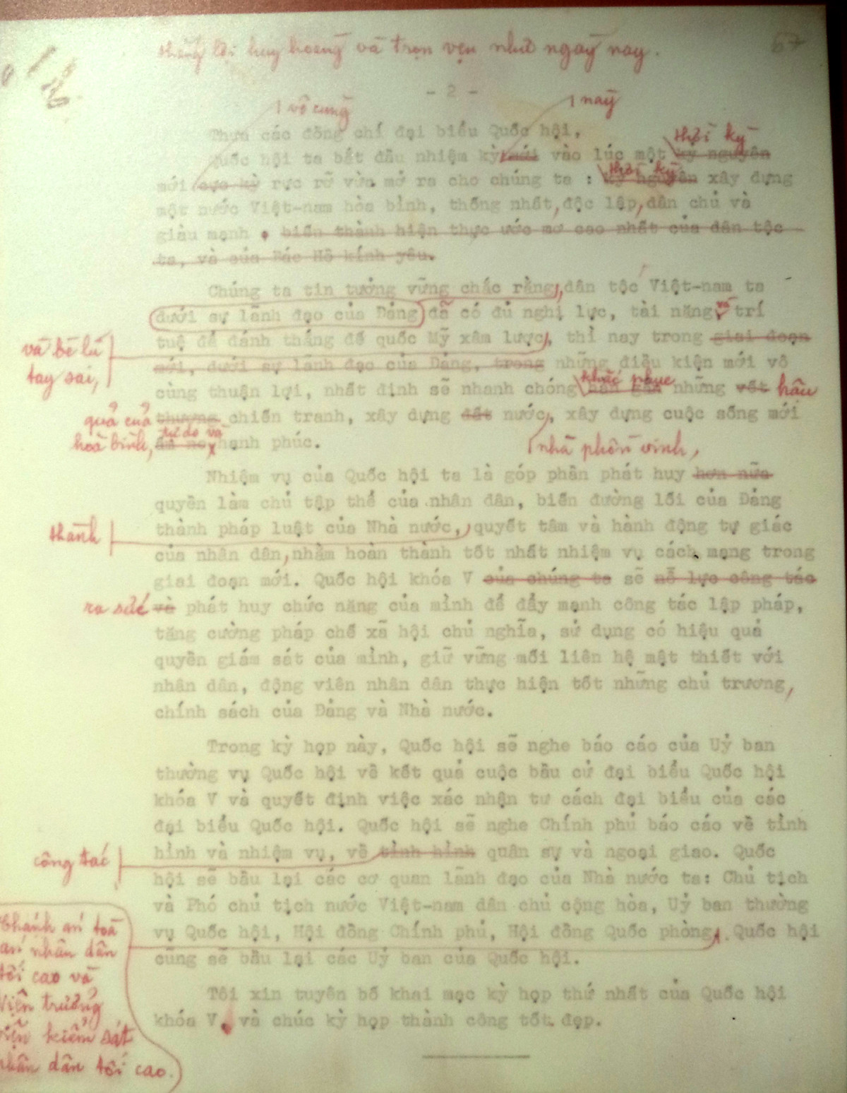 Lời khai mạc của Chủ tịch Ủy ban Thường vụ Quốc hội Trường Chinh tại kỳ họp thứ nhất Quốc hội khóa V, tháng 6/1975. Bản đánh máy có bút tích sửa chữa của ông.