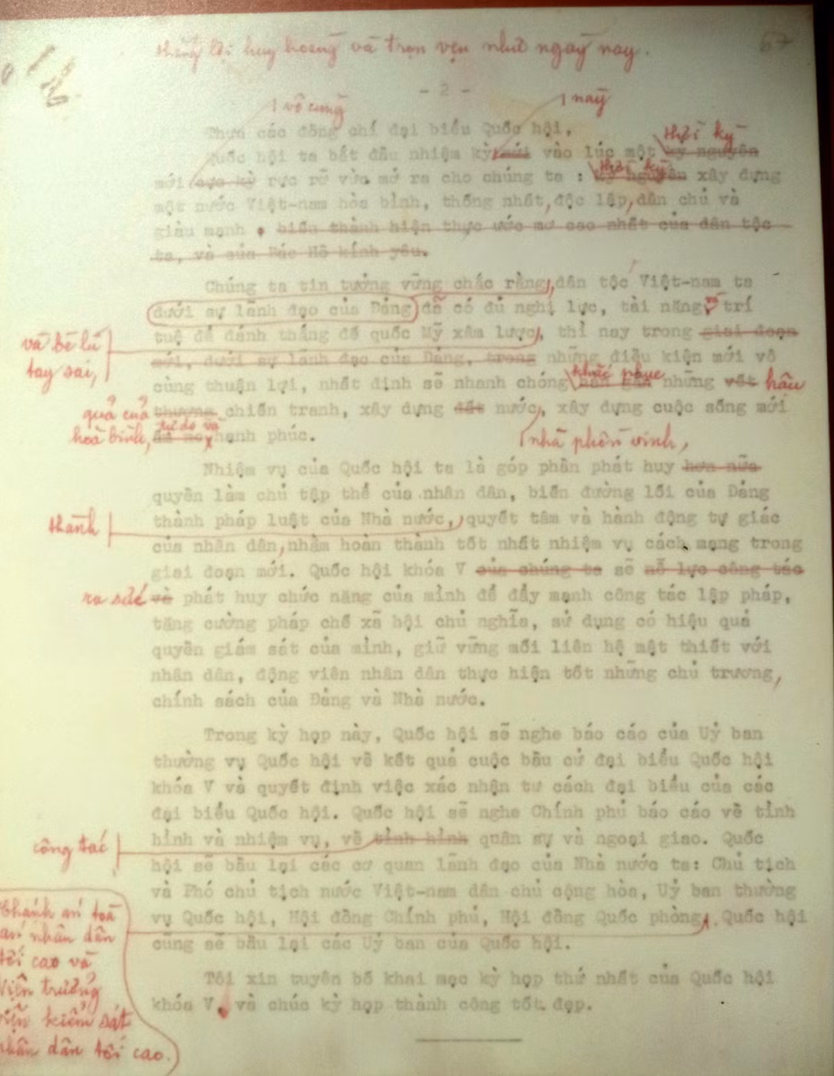 Lời khai mạc của Chủ tịch Ủy ban Thường vụ Quốc hội Trường Chinh tại kỳ họp thứ nhất Quốc hội khóa V, tháng 6/1975. Bản đánh máy có bút tích sửa chữa của ông.
