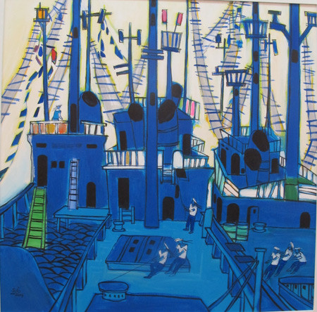 Thứ trưởng Bộ VHTTDL Vương Duy Biên nhấn mạnh, triển lãm nhằm phát huy tinh thần yêu nước, bảo vệ từng tấc đất thiêng liêng của Tổ quốc, bảo vệ chủ quyền biển đảo. Các họa sĩ đã lên tiếng phản đối hành động sai trái của Trung Quốc hạ đặt giàn khoan Hải Dương 981 trái phép bằng những sáng tác mới. Bộ VHTTDL đánh giá cao sự tham gia nhiệt tình và trách nhiệm của các tác giả. Ảnh: "Nơi biển xa" của tác giả Lê Văn Sửu.