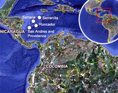 Vị trí các đảo tranh chấp giữa Nicaragua và Colombia trên bản đồ.